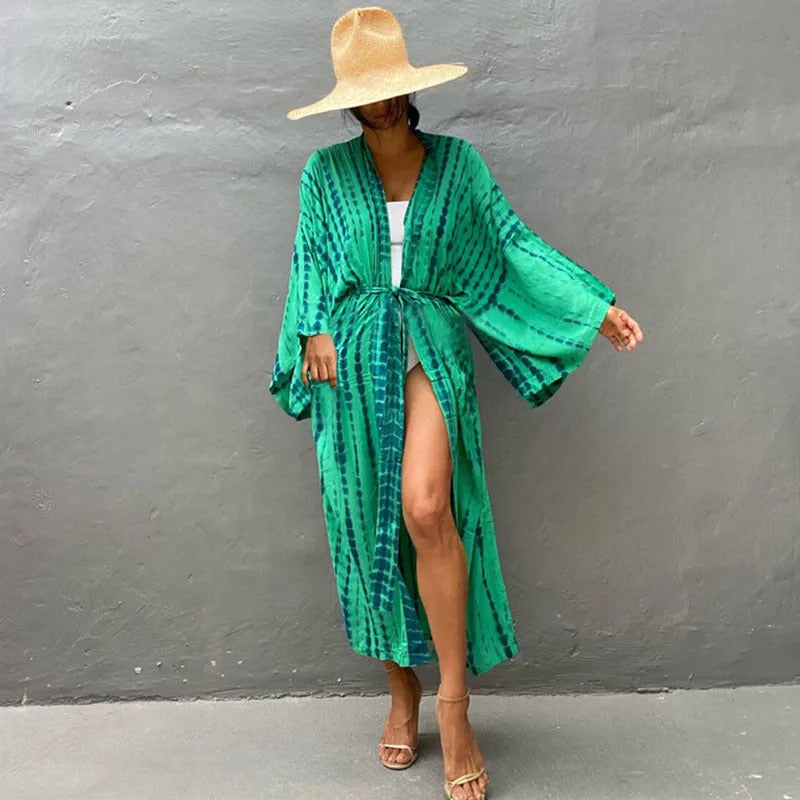 Loose printed cotton beach cover-up shirt in a DN0712 colour, shown as a long-sleeved blouse.