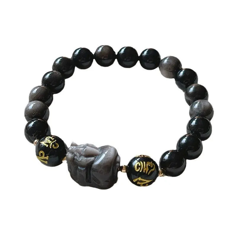 Natural silver stone men's bracelet with beaded design and Chinese style six-word proverbs