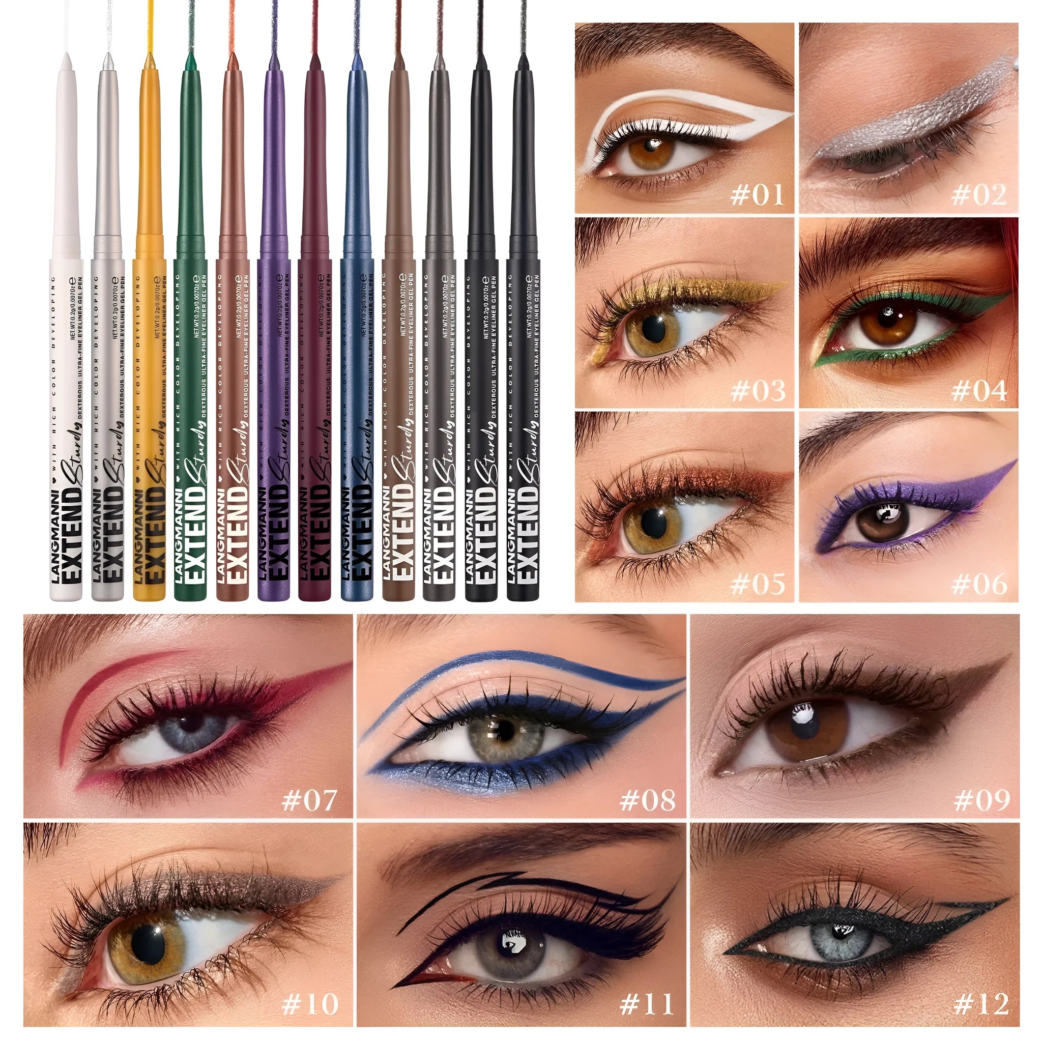 Set of 12 colourful gel glitter eyeliner pencils in various shades and finishes for waterproof party and cosplay makeup