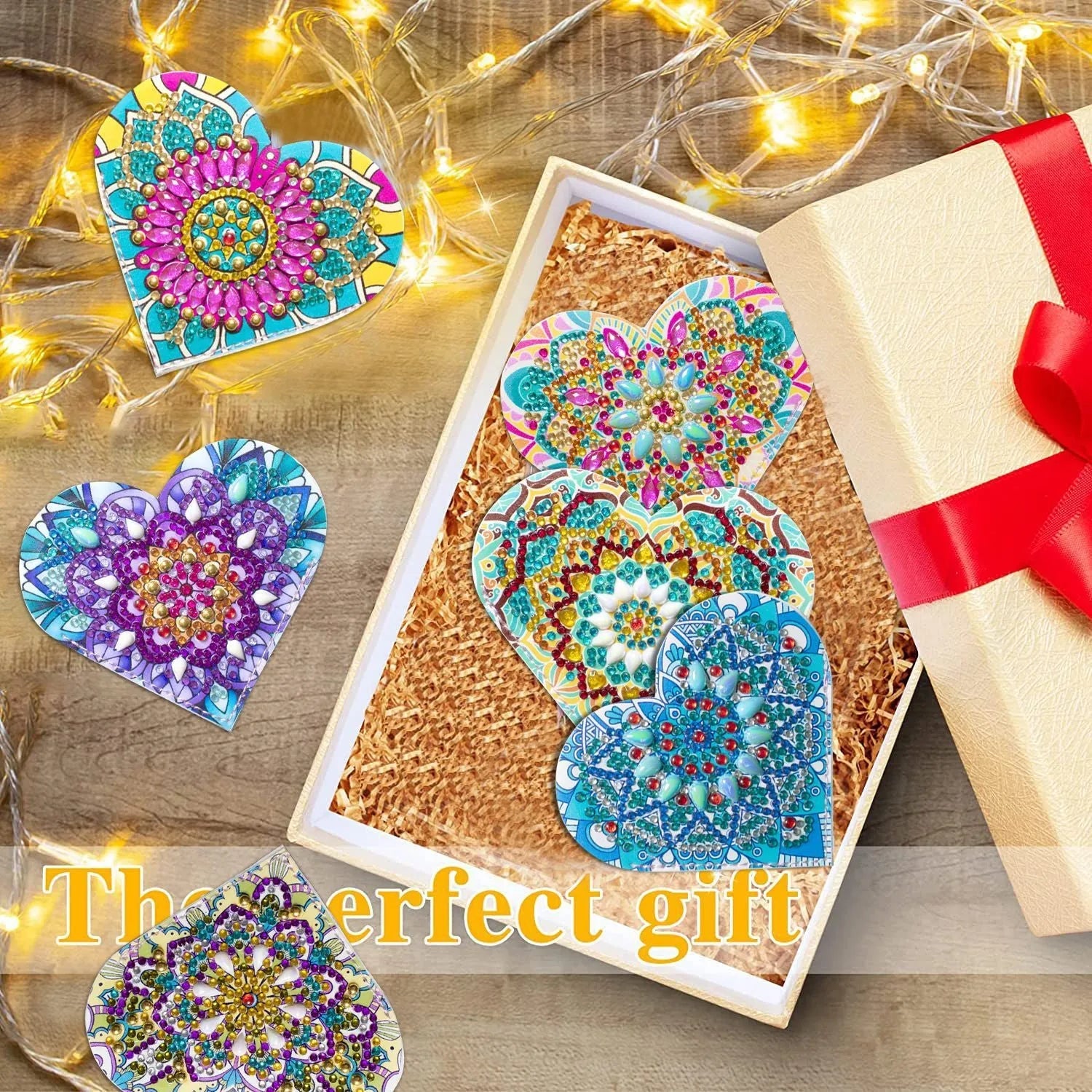 Handmade PU leather bookmark set with stick-on crystals, showing six bookmarks with modern frameless design.