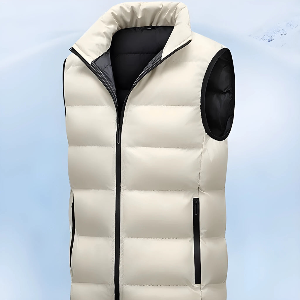 Men's casual waterproof polyester vest in black with straight hem, shown on model