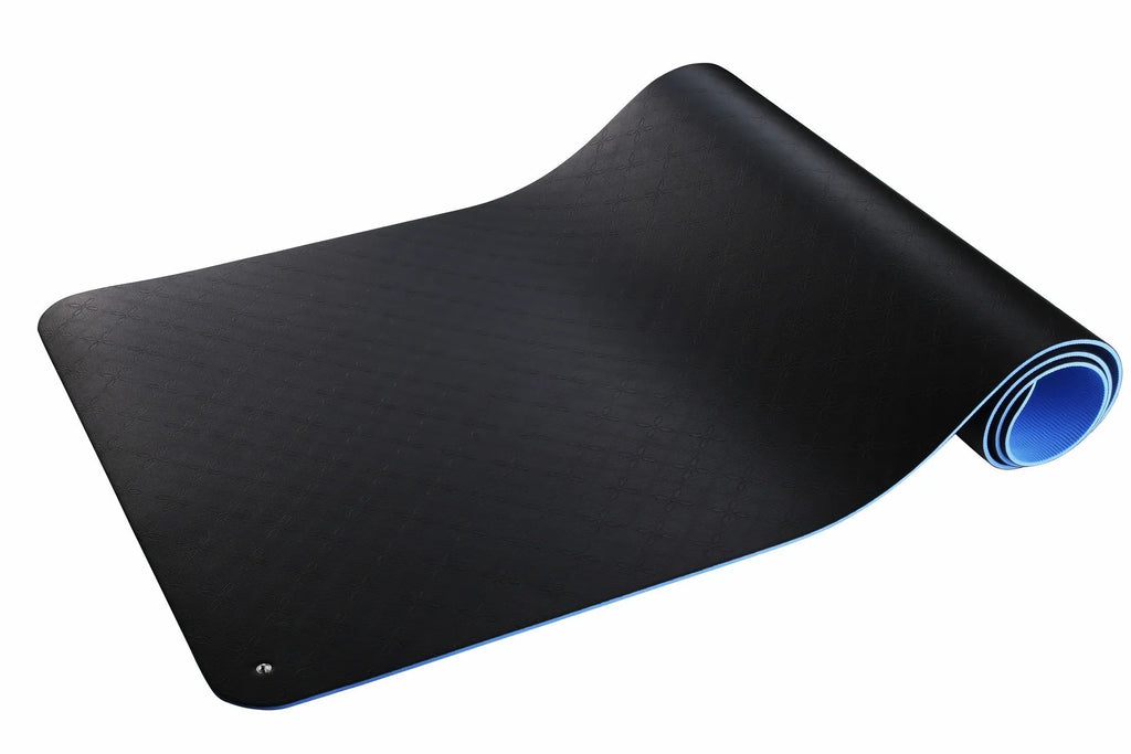 Blue conductive grounding yoga mat with plant pattern and integrated wire, measuring 182cm long.