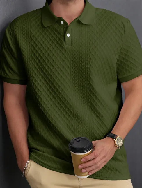 Jacquard fabric button placket polo shirt in olive green, cotton blend, sizes S to XXL