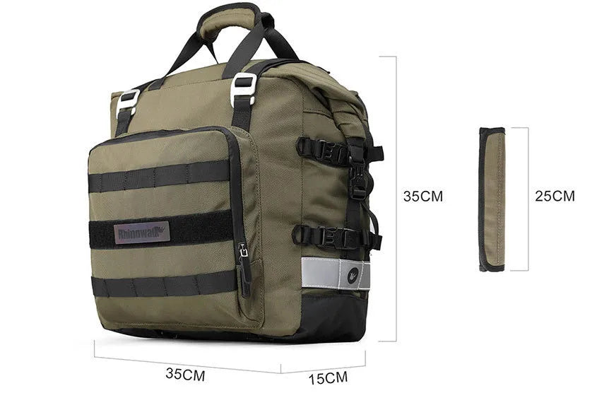 20L quick release motorcycle side bag in polyester, shown in army green and black colour options