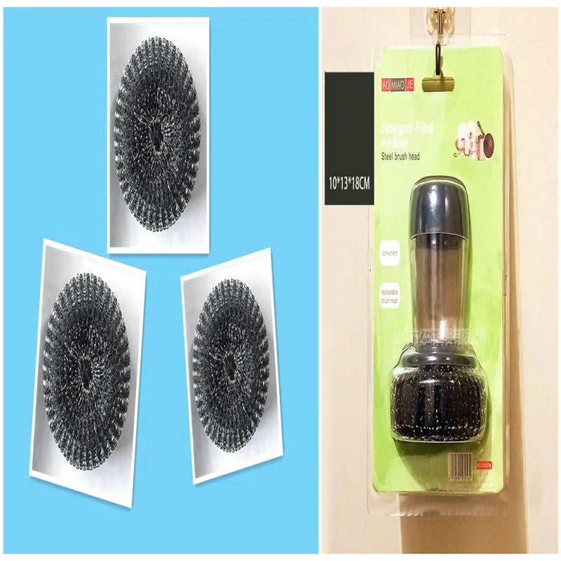 Kitchen palm brush with integrated push-type soap dispenser and bristles for scrubbing.
