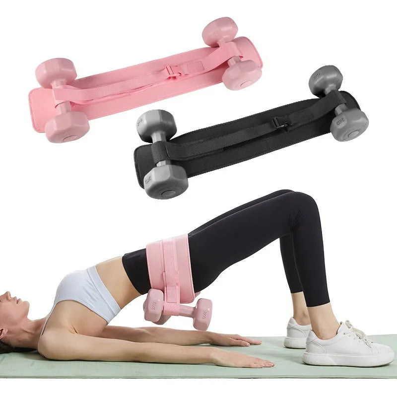 Black fitness training belt with auxiliary strap for weight-bearing hip bridge exercises