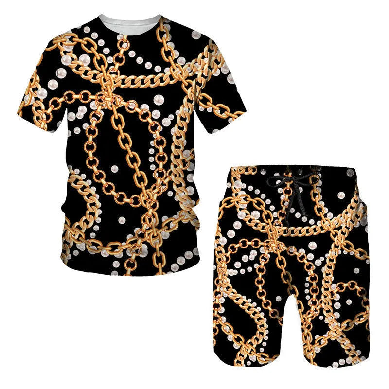 Men's chain pattern digital print short sleeve T-shirt and shorts set in summer colours