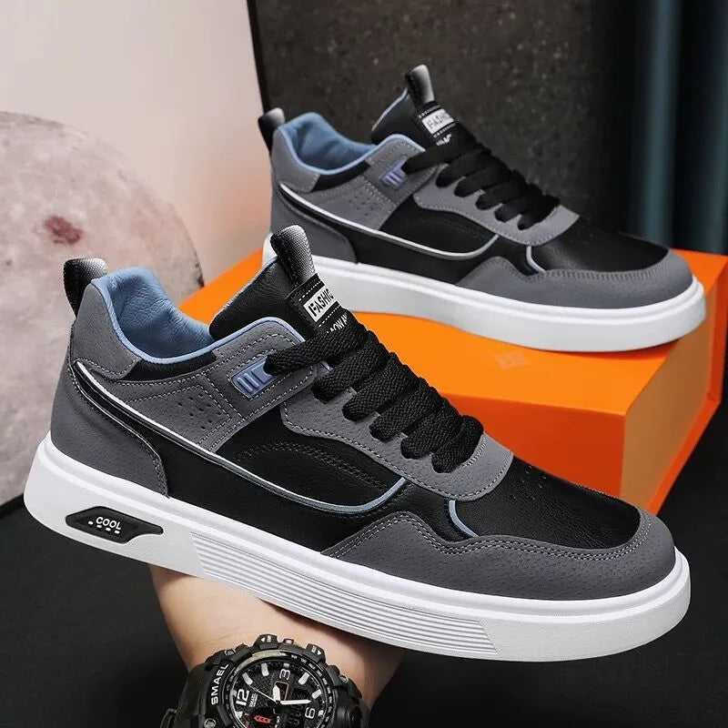 Men's Korean-style canvas board shoes in black with leather stitching details and mesh lining