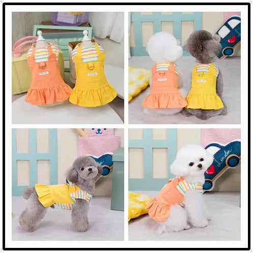 Striped patchwork cotton dog skirt in orange or yellow colour with elastic waistband