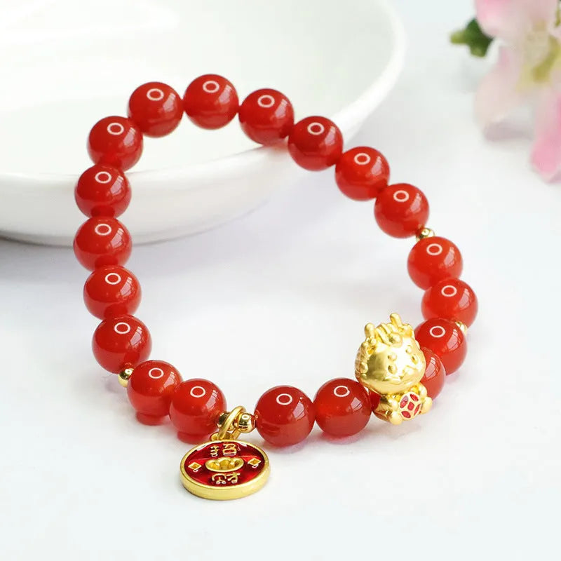 Red agate zodiac dragon bracelet with 8mm Chinese style beads for birth year symbolism