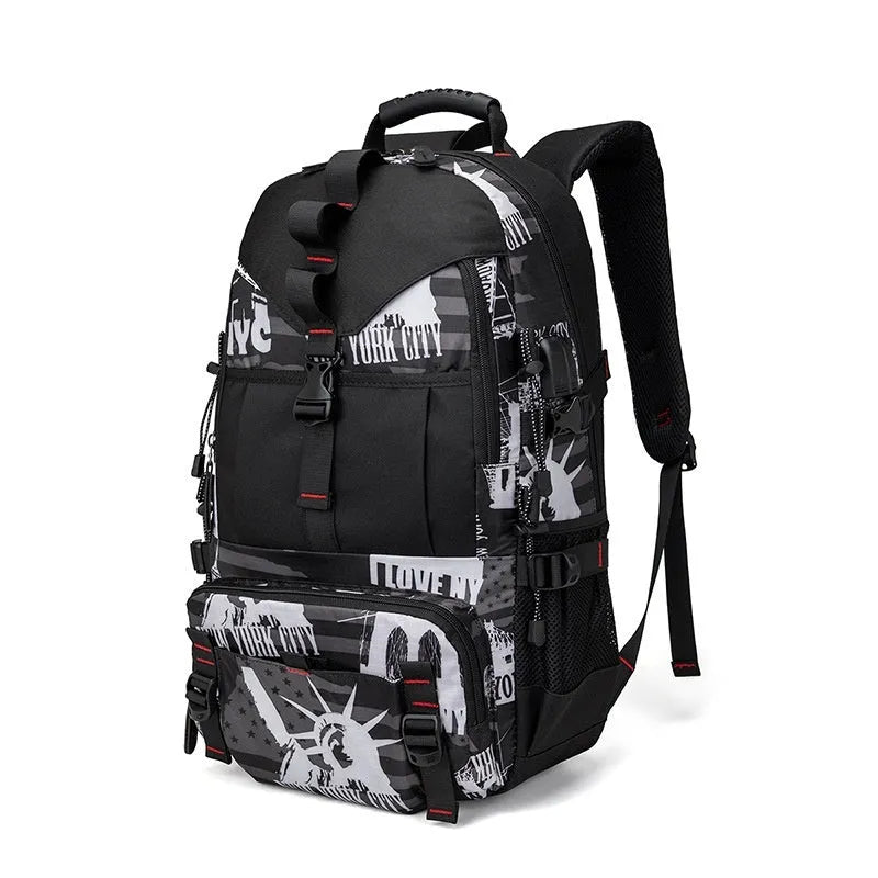 Men's waterproof Oxford cloth hiking backpack in camouflage colour with air pillow belt.