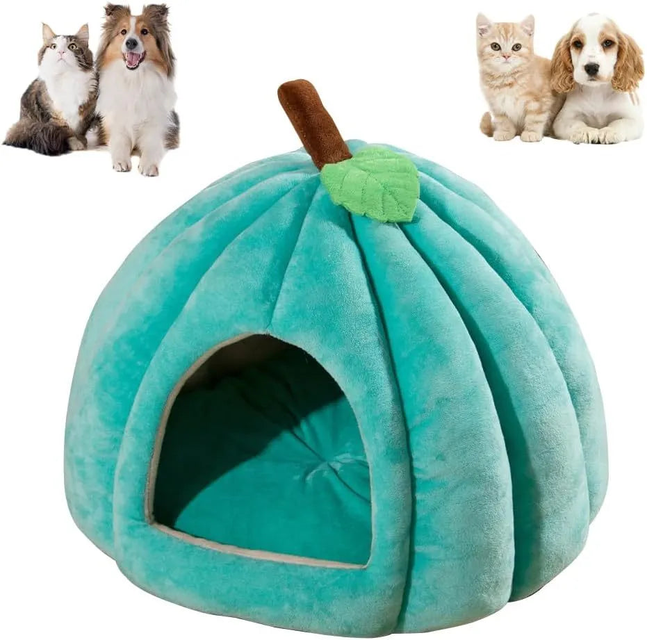 Pumpkin-shaped plush cat bed cave in blue, grey, or yellow with a removable interior mat.