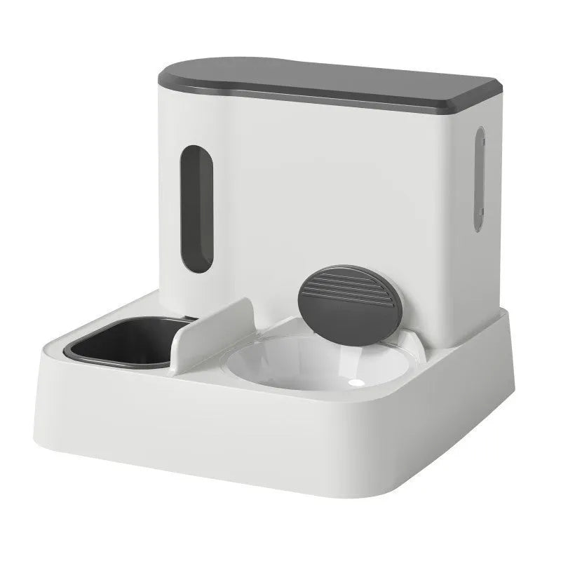 Grey cat automatic pet feeder with integrated double bowl water dispenser