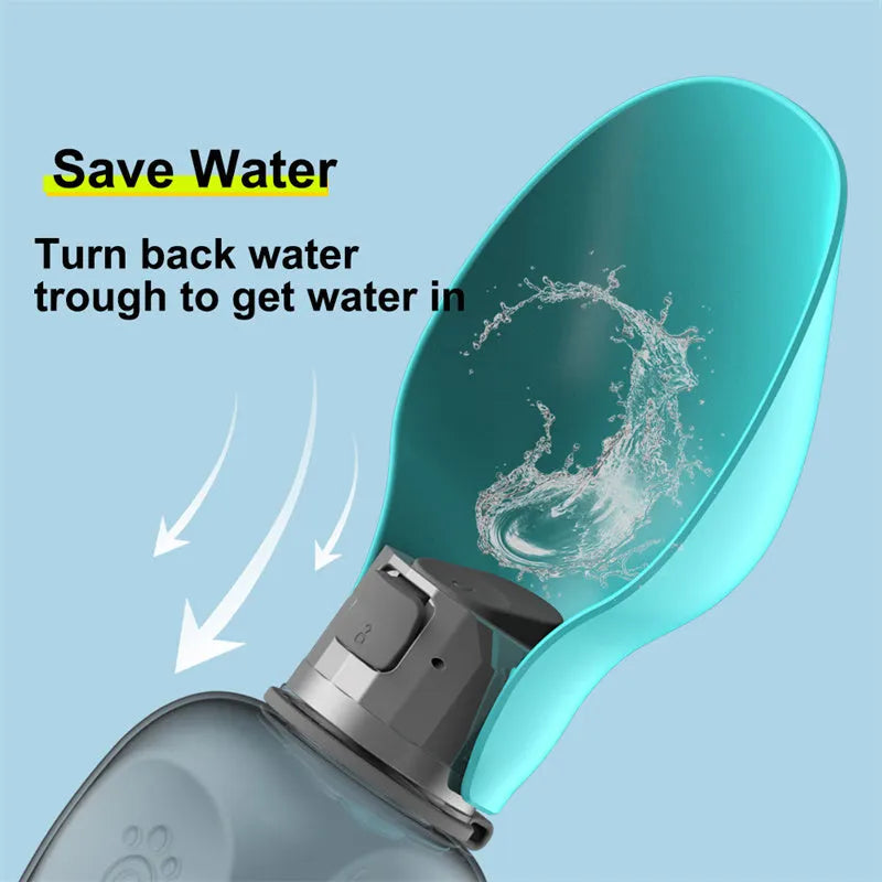 Blue grey portable 800ml dog water bottle with foldable drinking bowl and wrist strap.