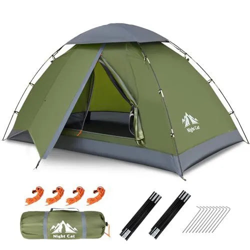 Dark green instant automatic camping tent for two people showing dimensions and waterproof construction