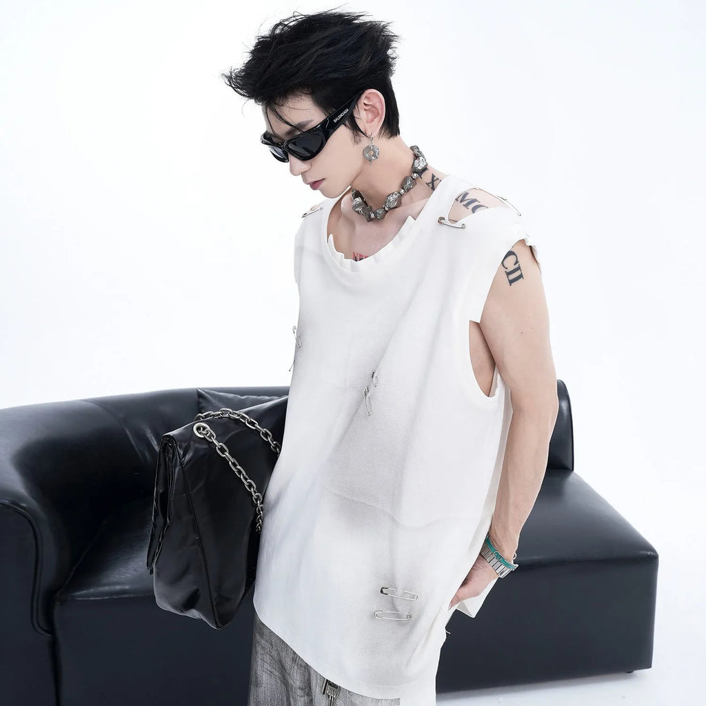 Men's black sleeveless vest waistcoat with ripped and irregular cutting detail on a mannequin.