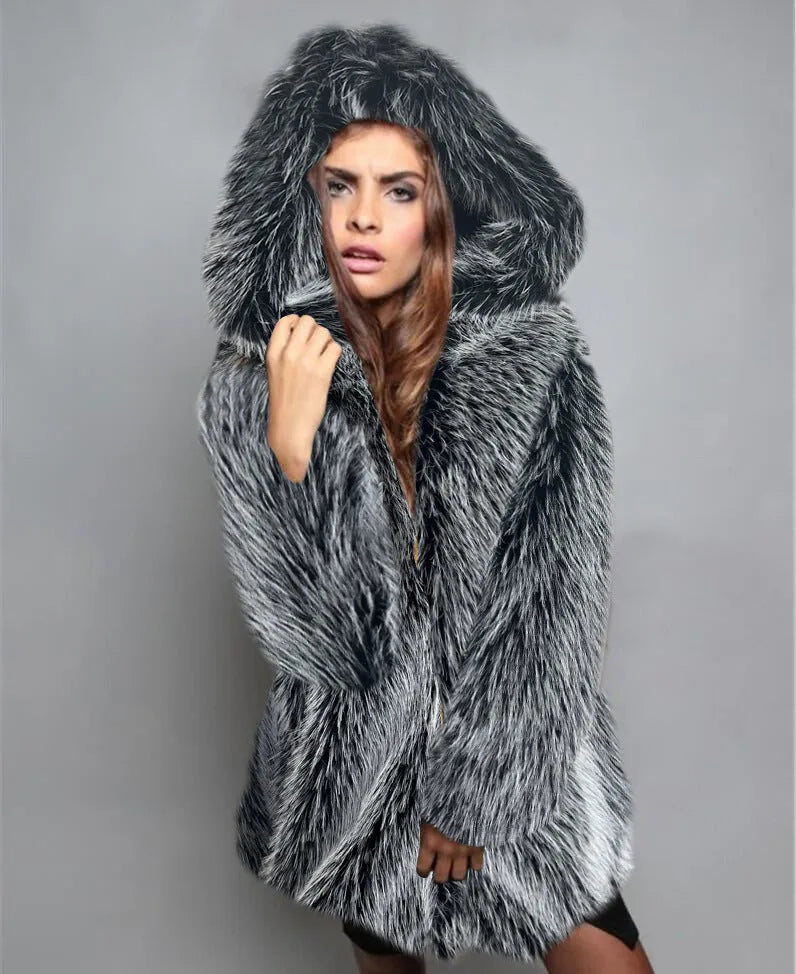 Silver grey loose artificial fur coat for women shown at mid-length