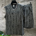 Men's black casual vest suit set with sleeveless top and mid-length trousers