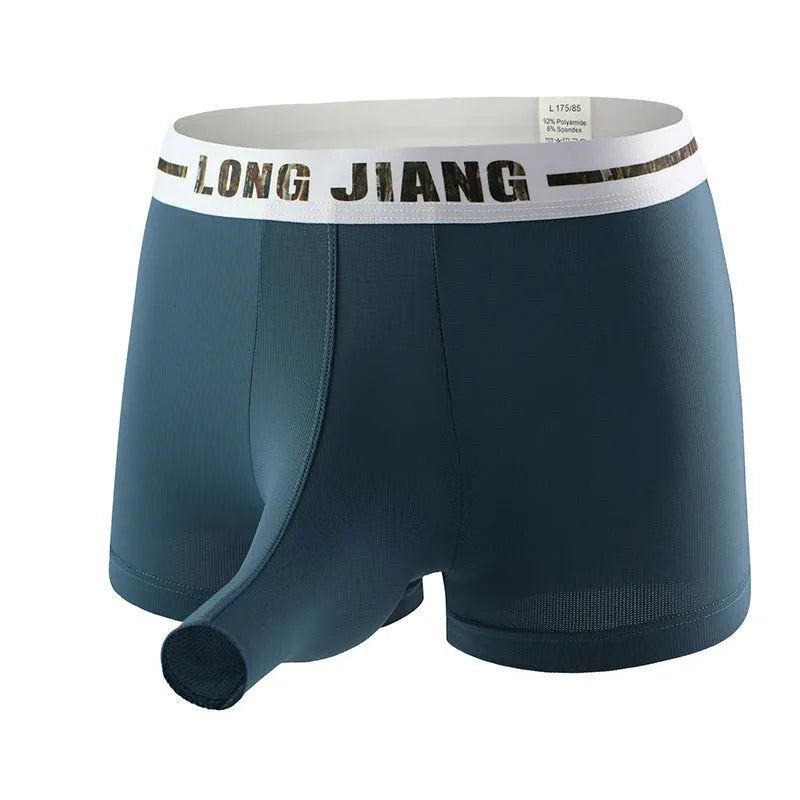 Men's ice silk boxer shorts in mid waist design showing solid colour options including Army Green, Black, and Gray