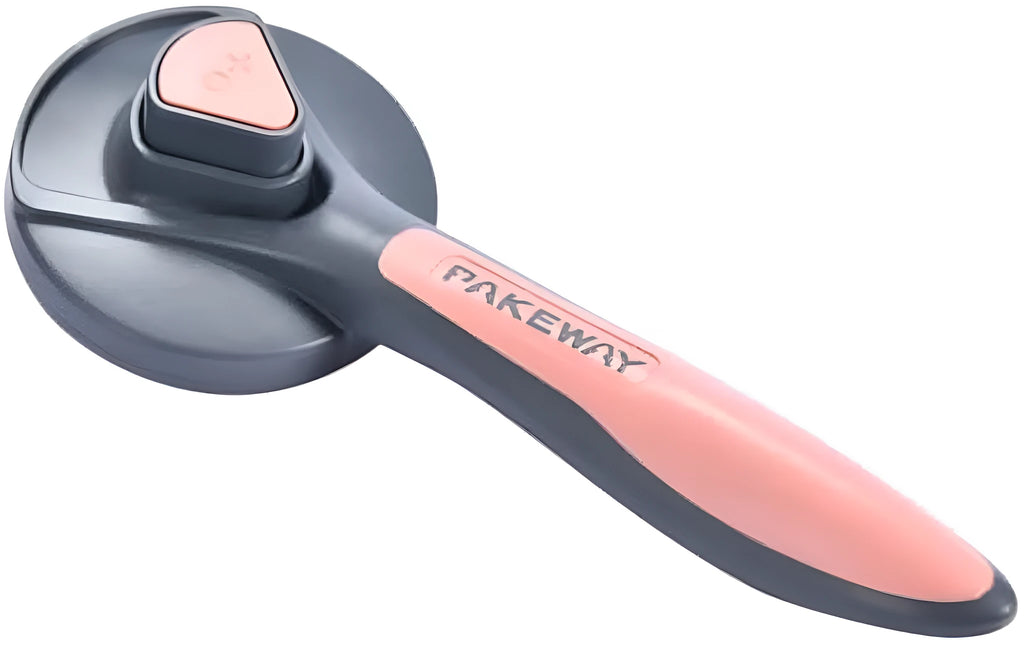 Grey self-cleaning slicker brush for pet grooming with one-click button and comfort-grip handle