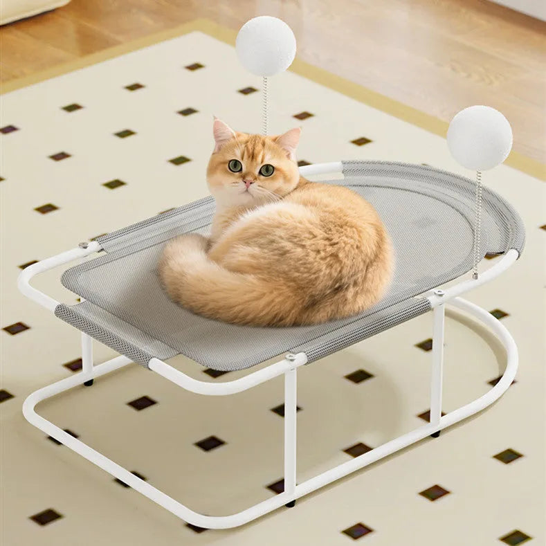 Large fabric cat kennel pet bed with breathable sides, shown in grey colour