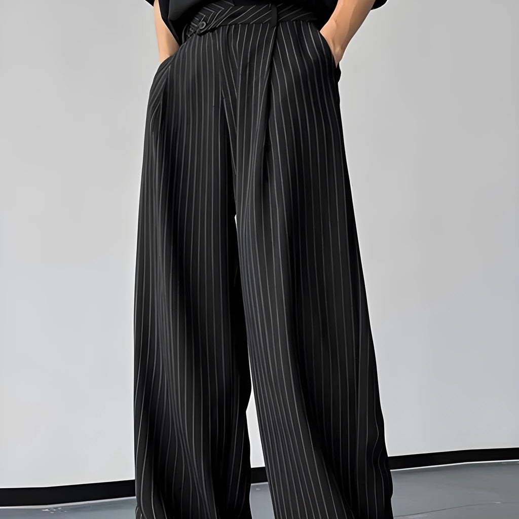 Men's black vertical striped pleated casual trousers made from rabbit hair and bamboo fibre blend