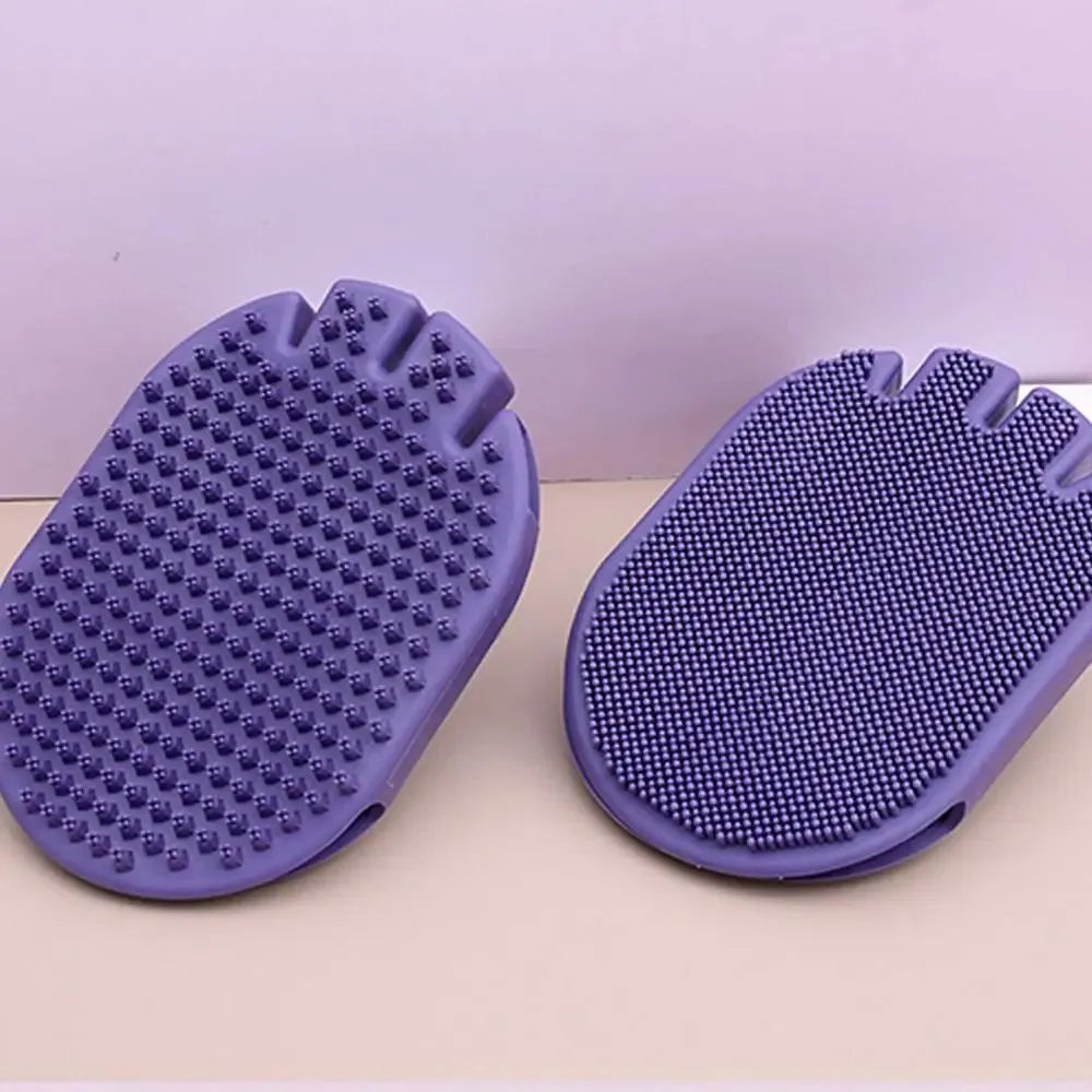 Purple dual-sided pet shampoo brush with soft TPR bristles for dog and cat bathing