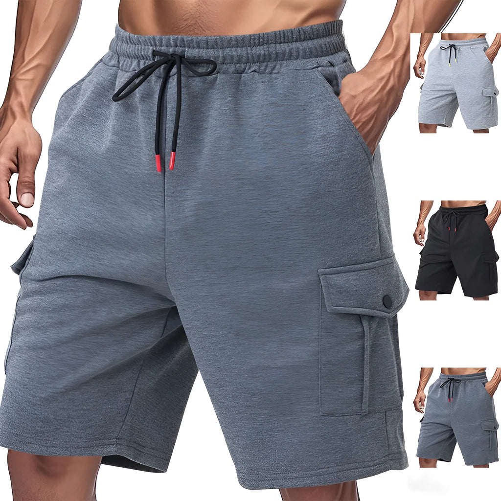 Men's light grey loose fit cargo shorts with multiple pockets and elastic waistband