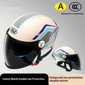 A light brown 3C certified motorcycle half helmet with a double mirror visor on a stand.
