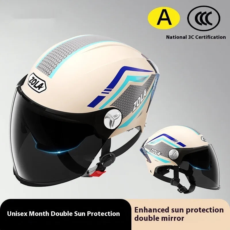A light brown 3C certified motorcycle half helmet with a double mirror visor on a stand.