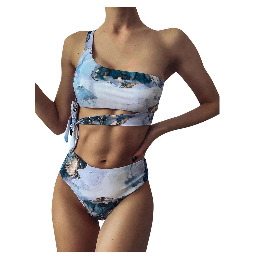 Women's high waist bikini set in a marble tie-dye print, showing U-neck top and briefs.