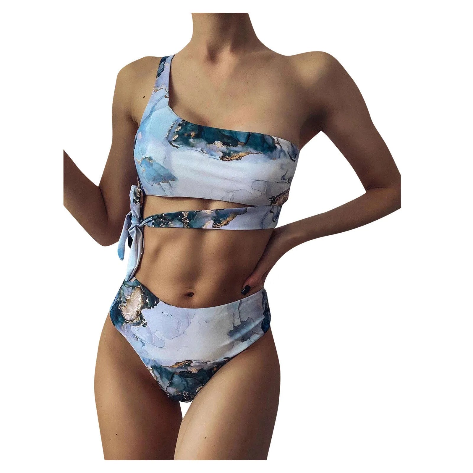 Women's high waist bikini set in a marble tie-dye print, showing U-neck top and briefs.