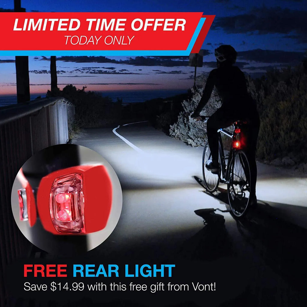 Bicycle safety set showing a front flashlight, a rear taillight, and a black mounting bracket on a white background.