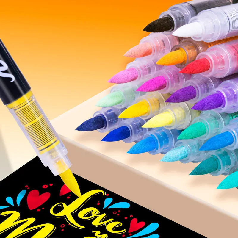Set of straight liquid acrylic marker pens with soft felt tips, arranged by colour.