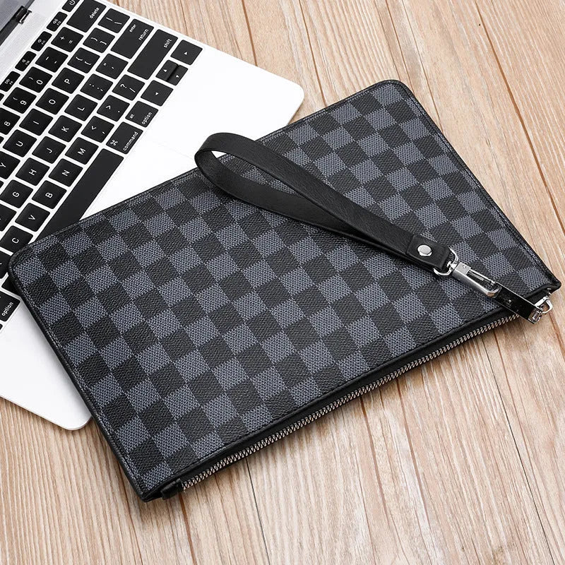 Men's black checkered PU leather clutch showing card slots and zipper pocket