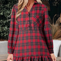 Red plaid mini dress with shirt collar, button front, long sleeves, and ruffle hem detail