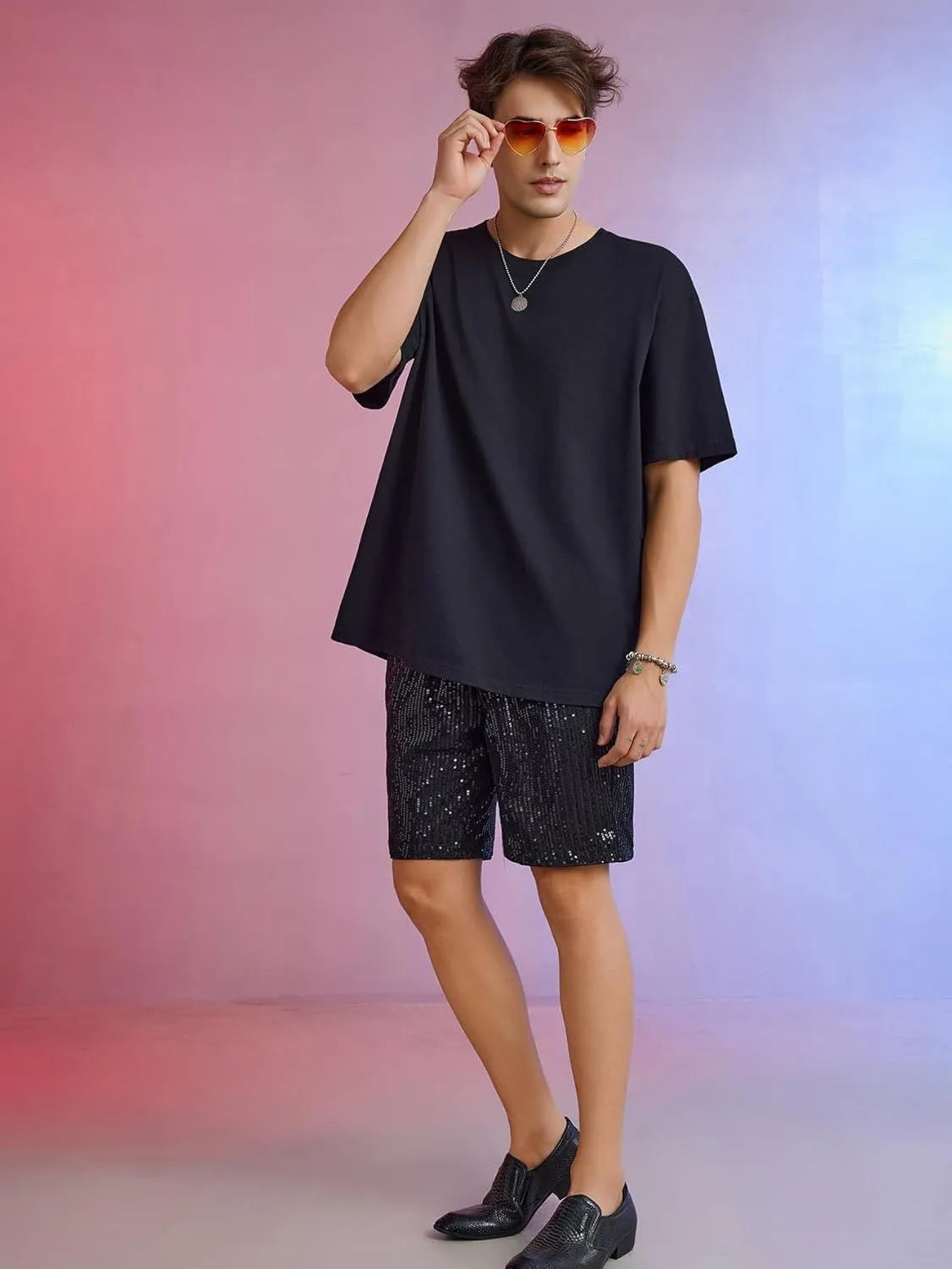 Men's straight cut shorts with sequin details in cotton blend fabric, silver and black colours