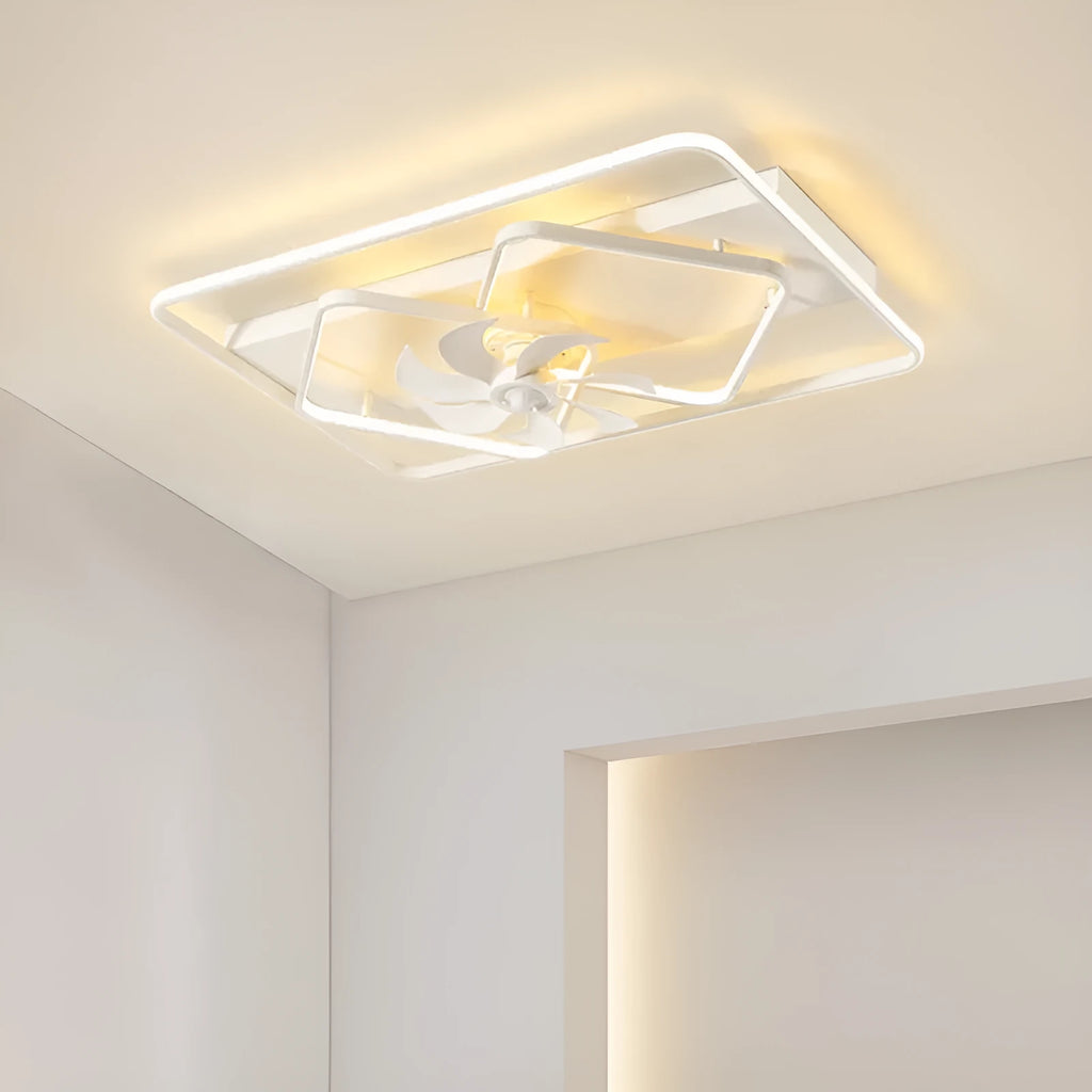 Modern white ceiling fan with light fixture, showing plastic blades and acrylic lampshade