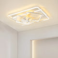 Modern white ceiling fan with light fixture, showing plastic blades and acrylic lampshade