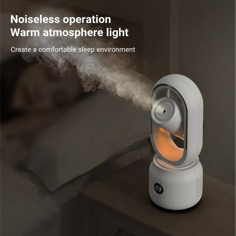 White bladeless table fan with humidifier tank on desk showing up-down oscillation