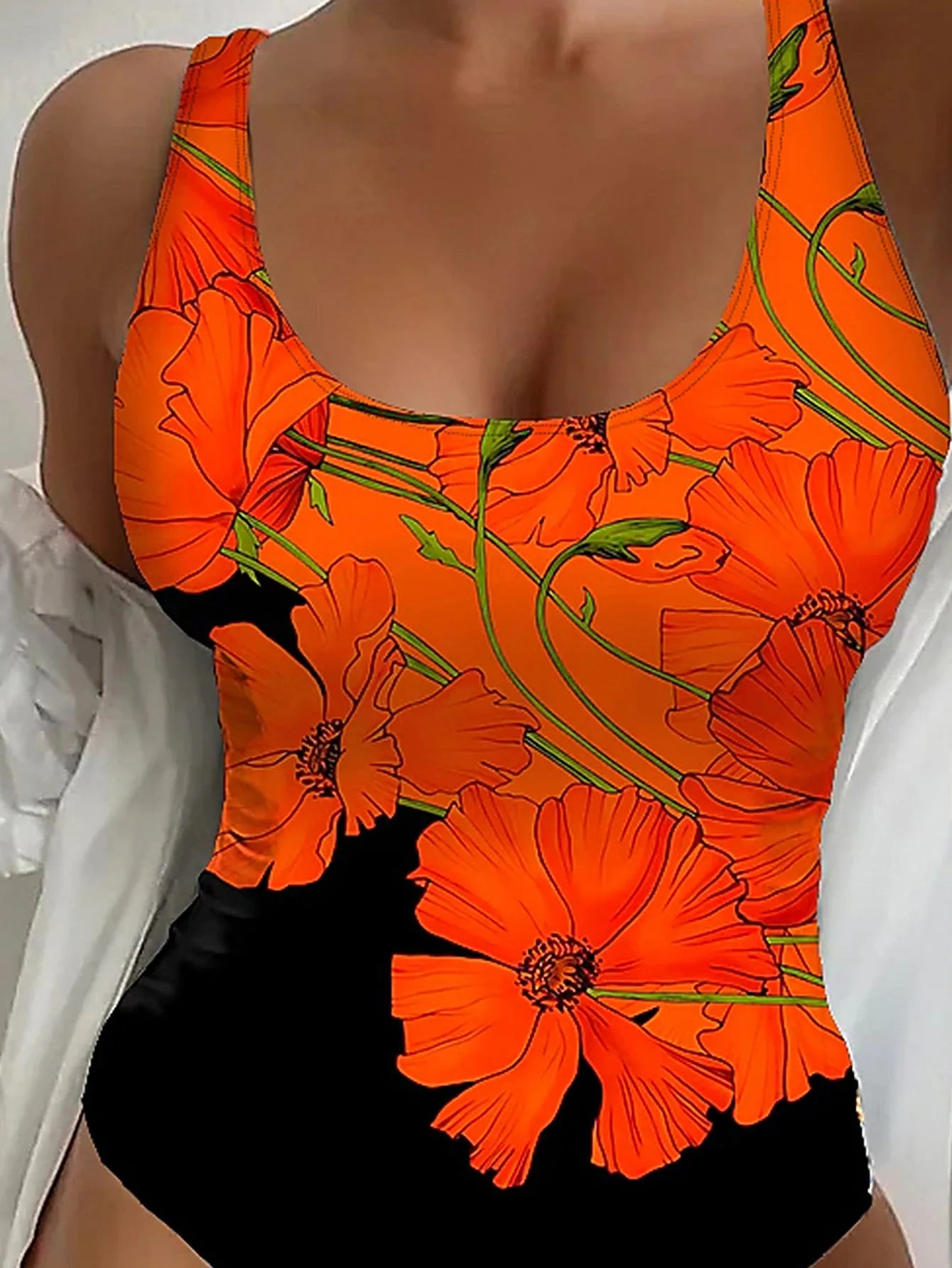Orange flowers printed backless one-piece swimsuit in slim fit for swimming sports