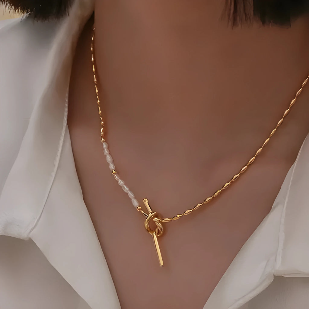Gold copper natural real pearl necklace with geometric ring and line cold style pendant on woman