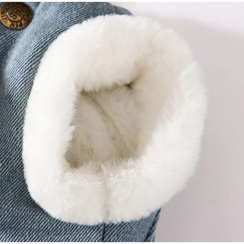 Blue denim pet coat with 3D bear pocket and wool lining for warm winter walks
