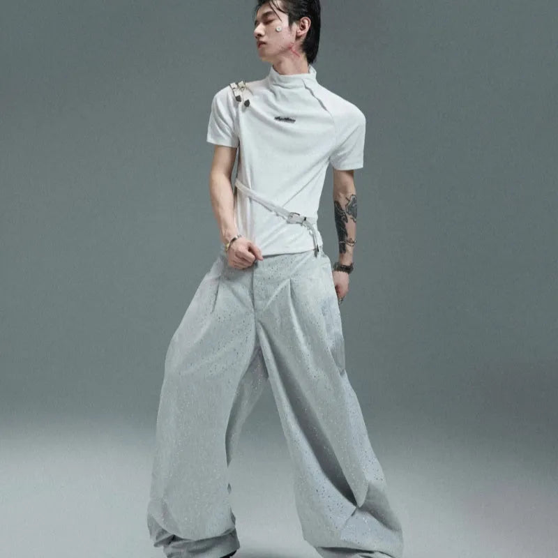 Men's slim fit cotton T-shirt with metal belt accent and small stand-up collar in black and white options