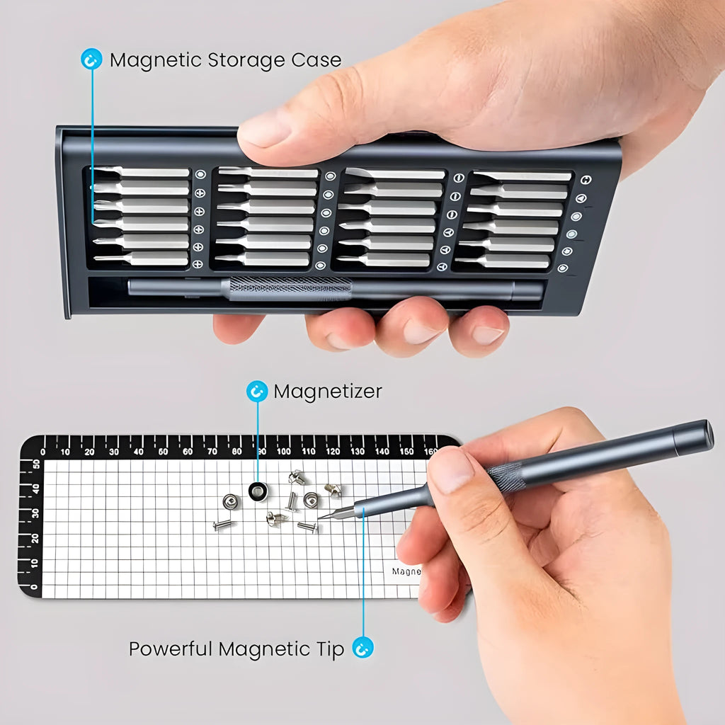 25-in-one magnetic screwdriver set with knurled handle, showing chrome vanadium steel bits.