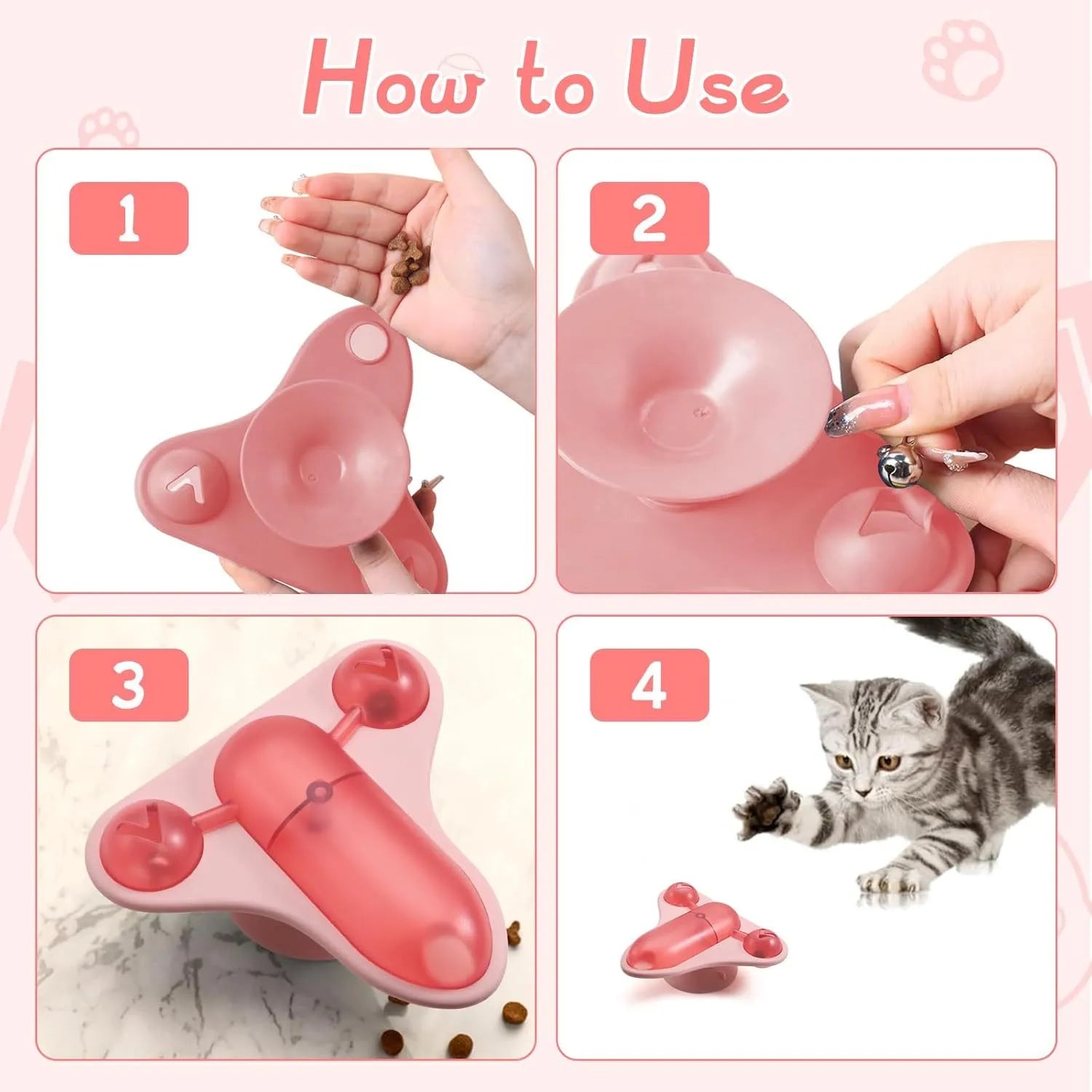 Blue interactive pet puzzle spinner toy with bell, catnip, and treat cabin on a smooth floor