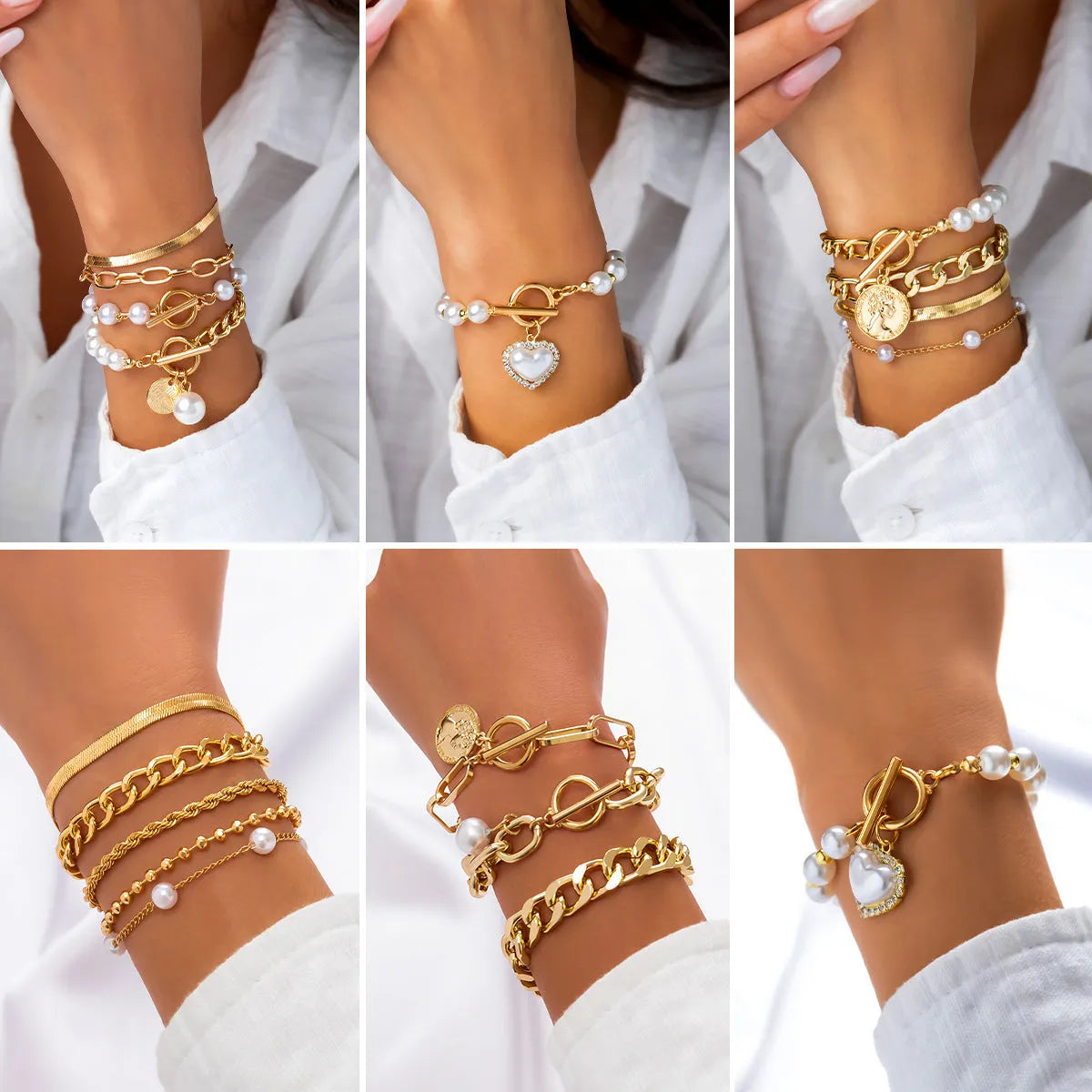Retro pearl chain beaded bracelet set with heart shape beads in gold and white K electroplated finish