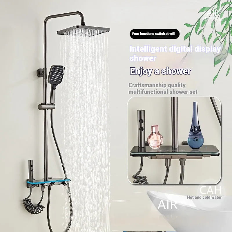 Aluminium digital display shower head set in white or grey with temperature control.