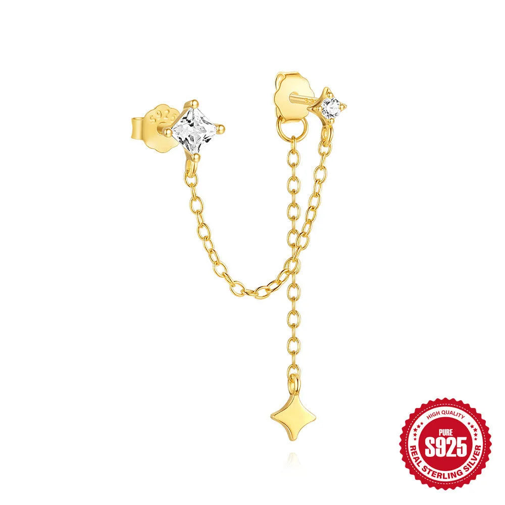 Golden geometric sterling silver earrings with zircon stones for double piercings, showing chain and stud designs