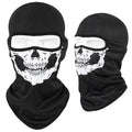 Breathable Bakool silk motorcycle skull mask in skeleton design, laid flat showing 36x29cm size.